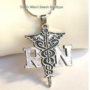 Silver RN Caduceus Nursing Necklace 18" Nurse Gift